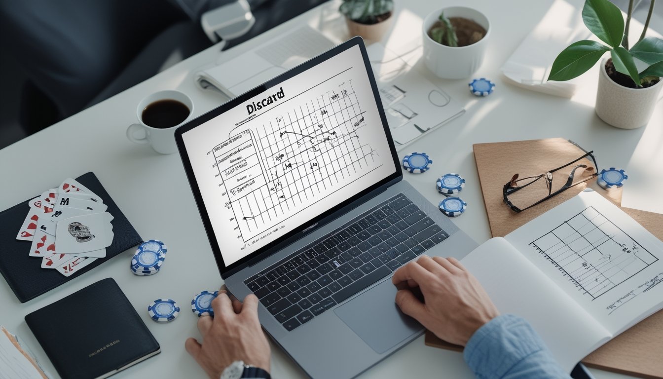 Meja kerja dengan laptop yang menampilkan grafik dan rumus matematika, kartu poker, chip poker, dan catatan dengan perhitungan, menggambarkan analisis peluang dalam poker.