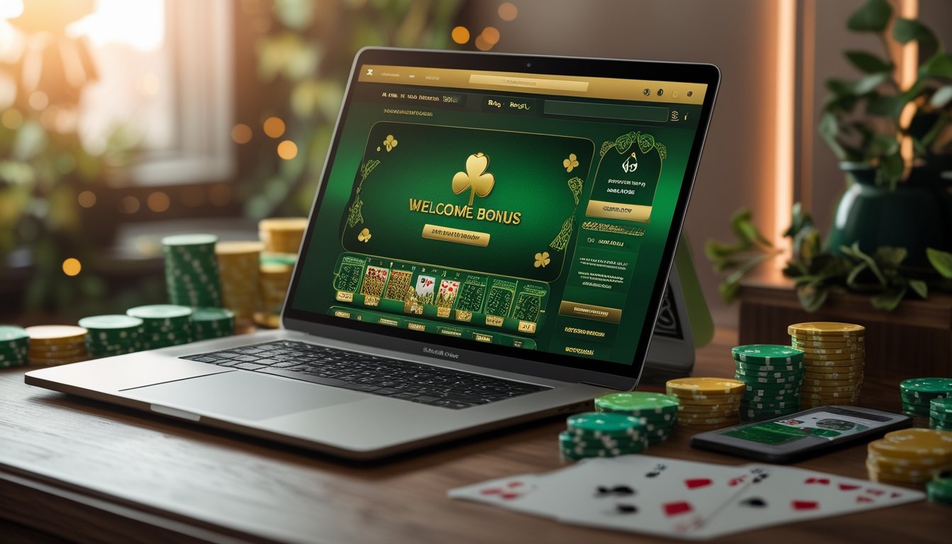 Seseorang menggunakan laptop dengan tampilan situs poker bertema Irlandia, dikelilingi oleh chip poker dan kartu bermain di atas meja kayu.