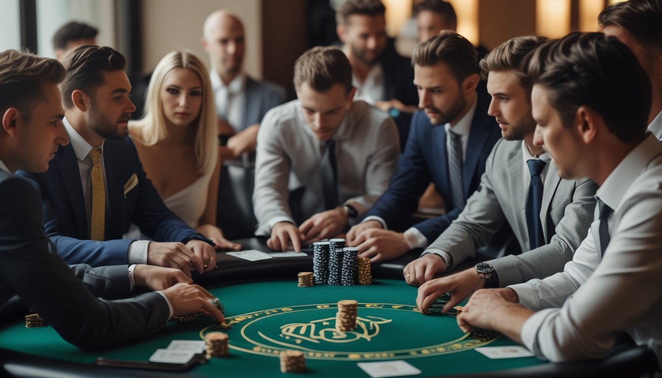 Sekelompok pemain poker profesional sedang bermain di meja hijau dengan chip dan kartu, terlihat serius dan fokus.