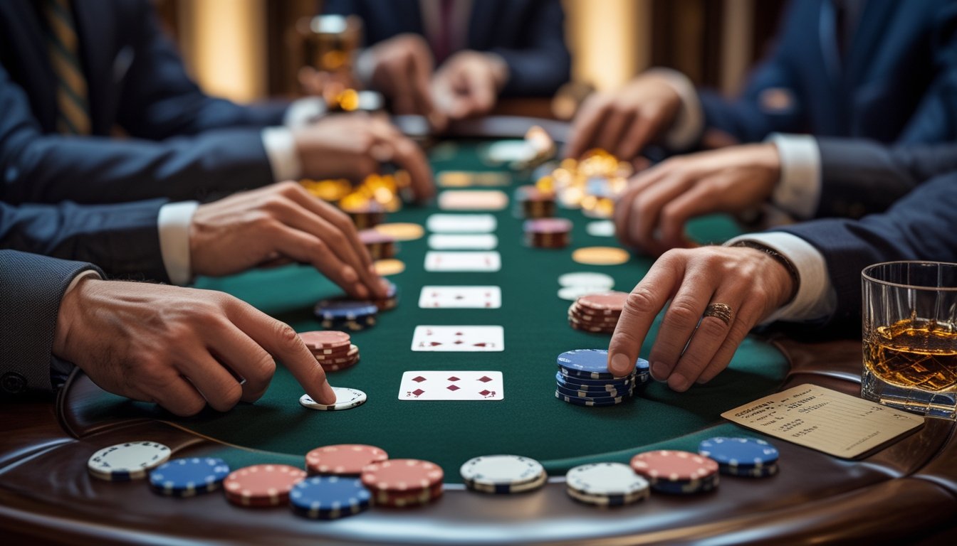 Meja poker dengan chip dan kartu yang tertata rapi, tangan pemain sedang membuat langkah strategi dalam permainan Irish Poker.