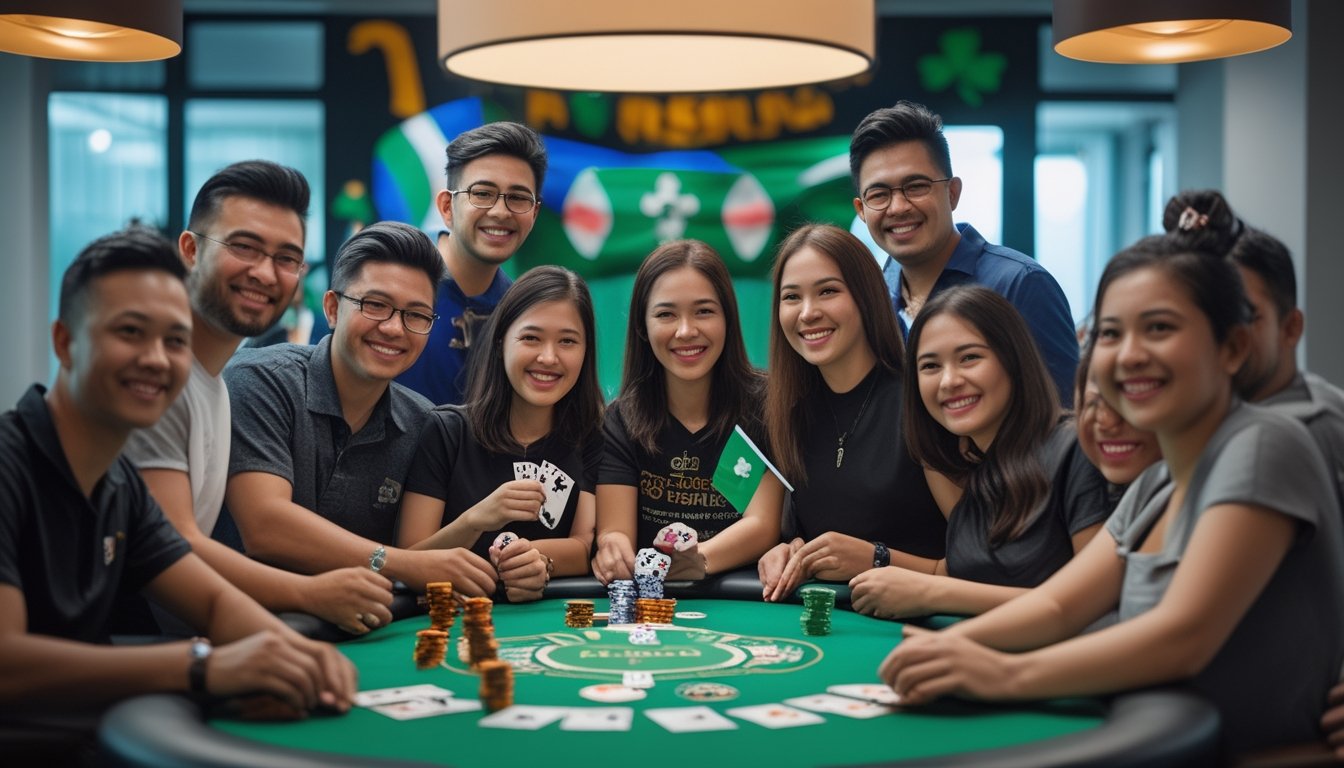 Sekelompok orang beragam usia dan latar belakang bermain poker bersama di meja dalam ruangan yang terang dan modern.