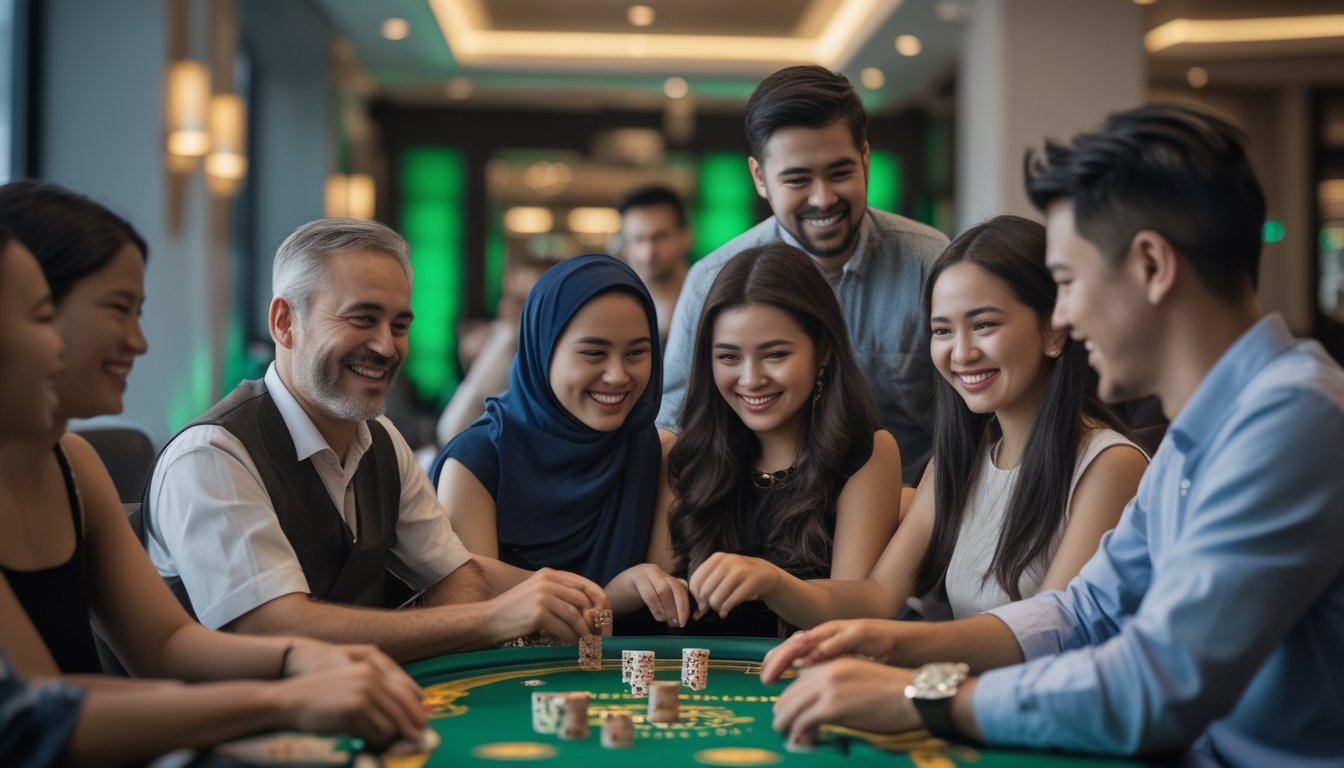 Sekelompok orang yang beragam sedang bermain poker bersama di dalam ruangan yang terang dan hangat, terlihat akrab dan bersosialisasi.