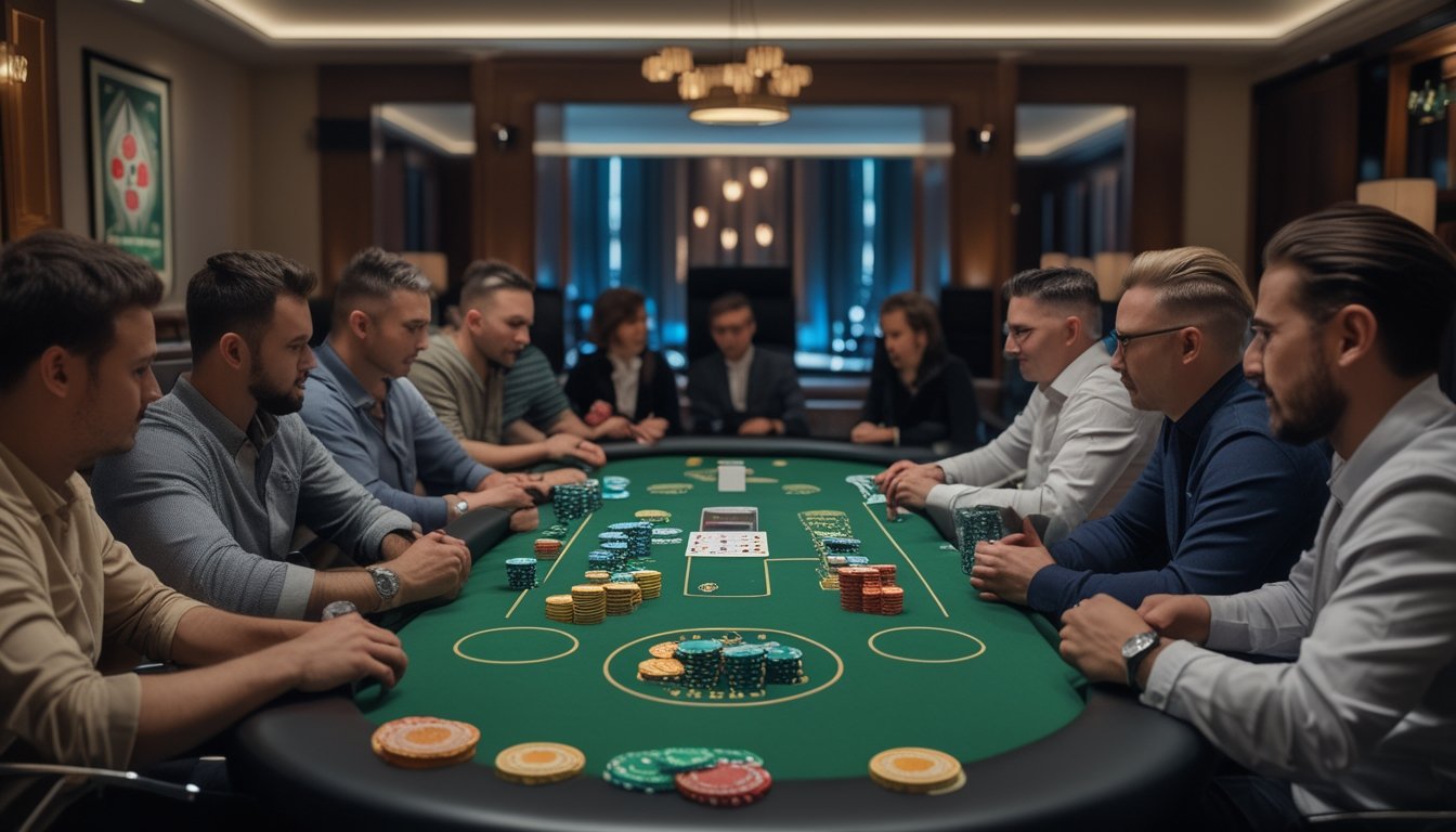 Meja poker Irish dengan pemain yang sedang bermain dan tumpukan chip taruhan di atas meja.