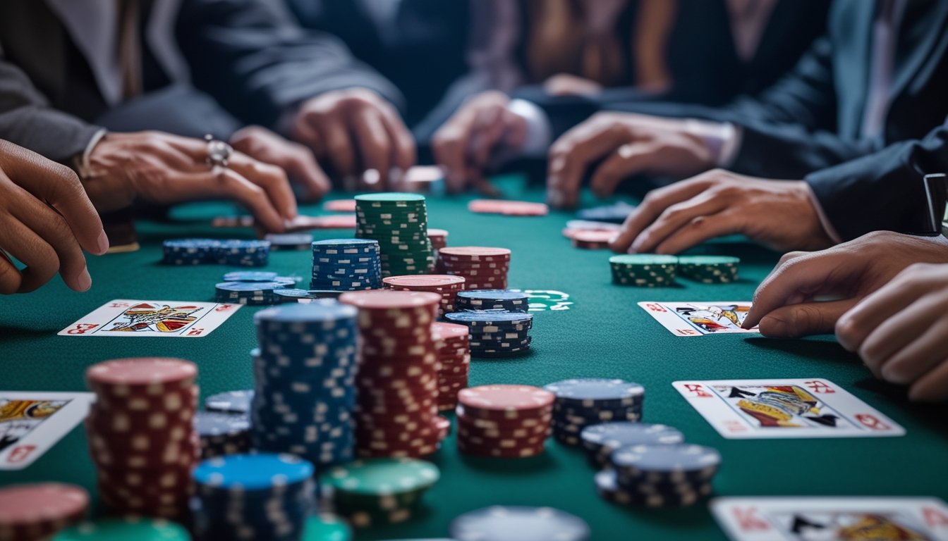 Meja poker dengan tumpukan chip dan tangan pemain yang sedang memasang taruhan dalam permainan Irish Poker.