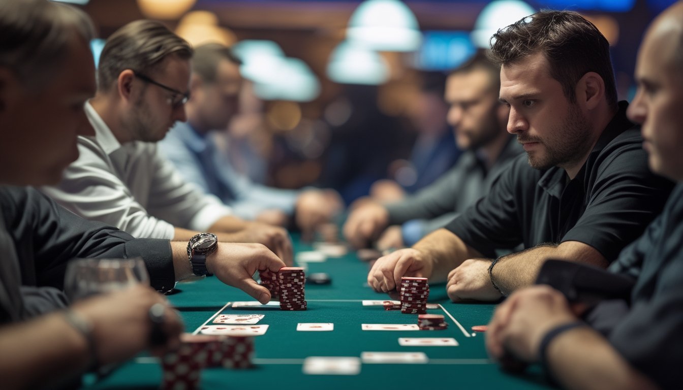 Seorang pemain poker yang fokus mengamati kartu lawan di meja permainan dengan tumpukan chip dan kartu di tangan.
