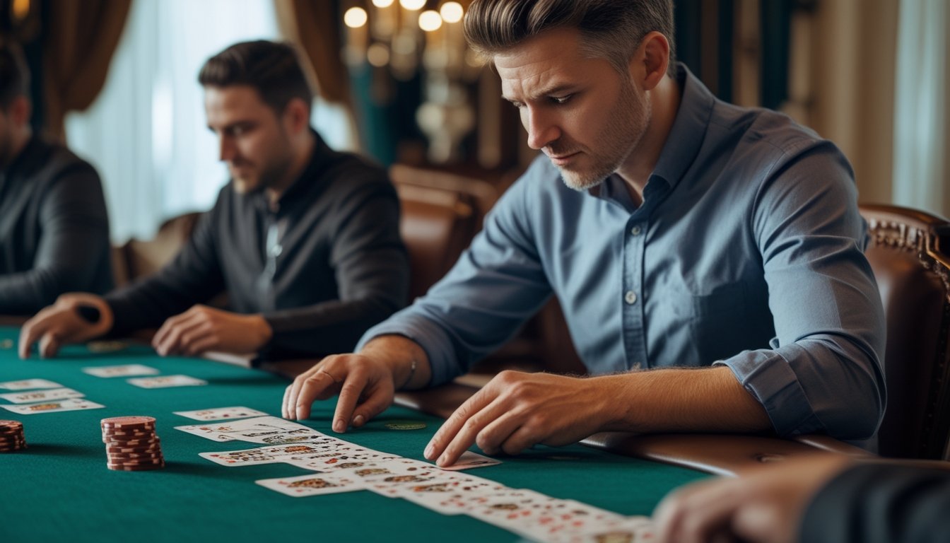 Seorang pemain poker fokus melihat kartu di meja poker dengan tumpukan chip dan kartu di depannya.