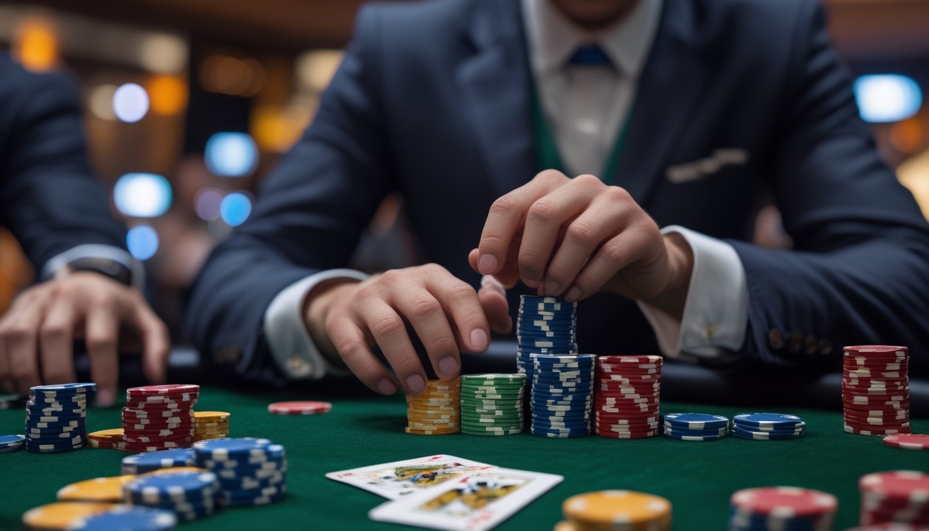 Seorang pemain poker fokus mengatur chip dan kartu di meja poker dalam permainan Irish Poker.