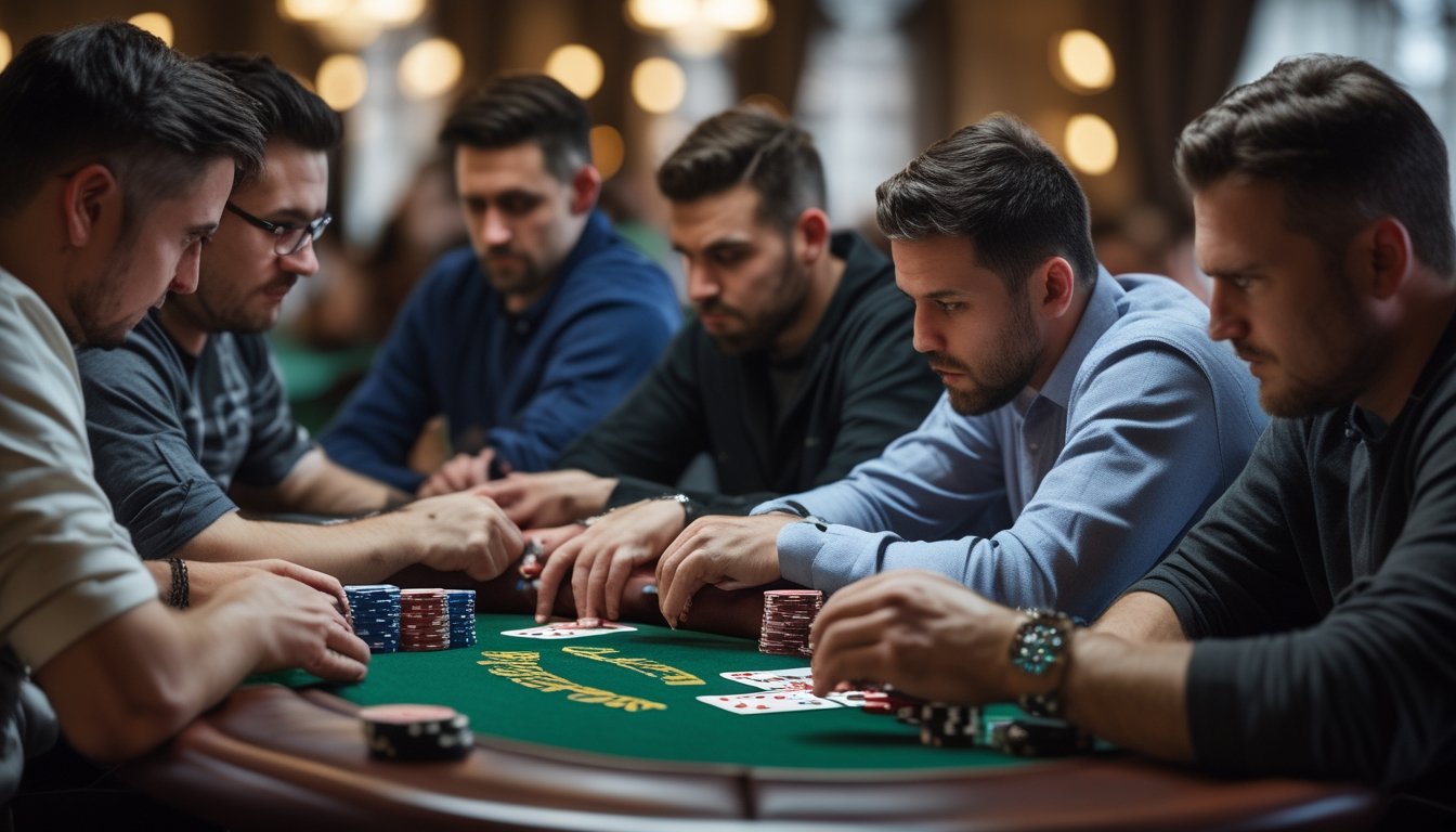 Beberapa pemain serius duduk mengelilingi meja poker dengan tumpukan chip dan kartu bermain di atas meja.