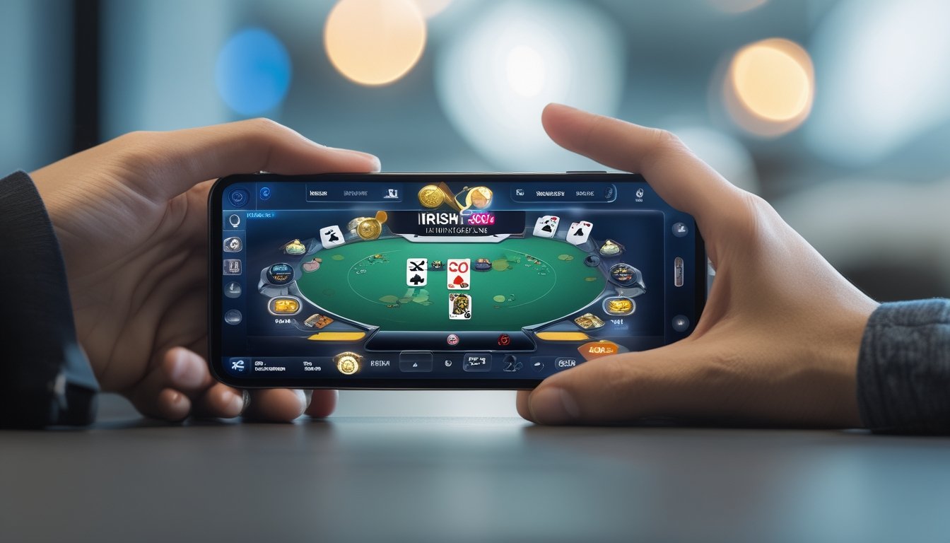 Layar smartphone menampilkan antarmuka aplikasi permainan Irish Poker dengan kartu dan chip poker yang terlihat jelas.