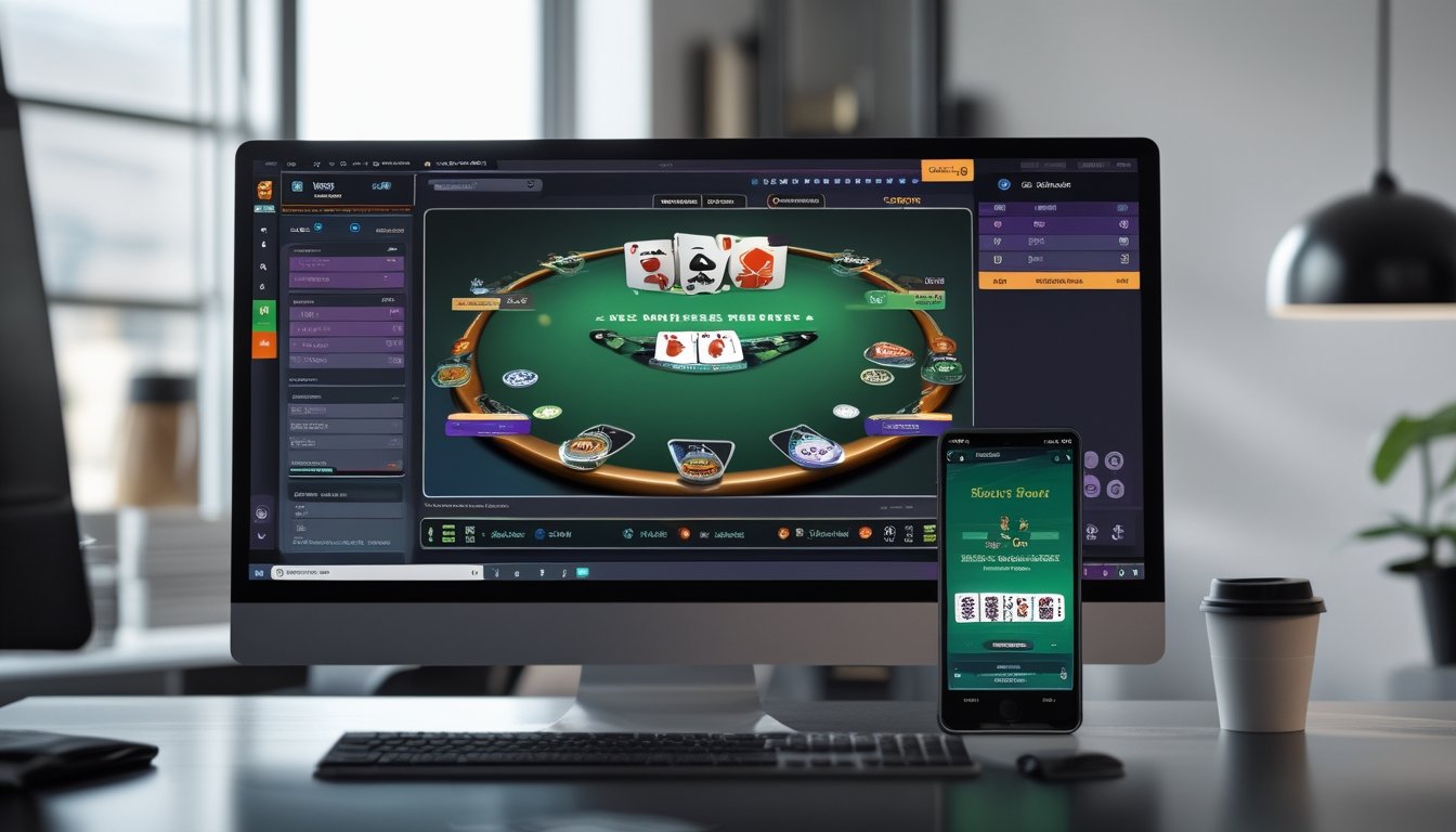 Seorang pengguna mengoperasikan aplikasi poker Irlandia di komputer dan ponsel dalam ruang kerja modern.