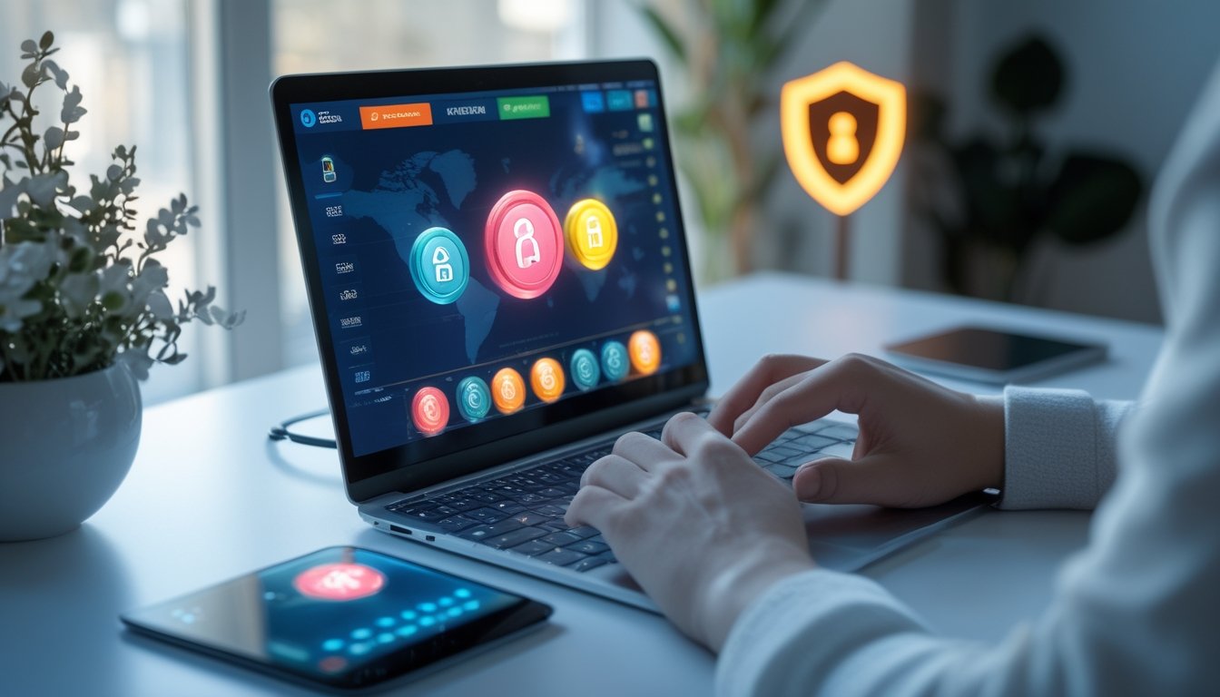 Meja kerja modern dengan laptop yang menampilkan situs lotere online, tangan seseorang sedang menggunakan laptop, suasana yang menunjukkan keamanan dan kepercayaan.