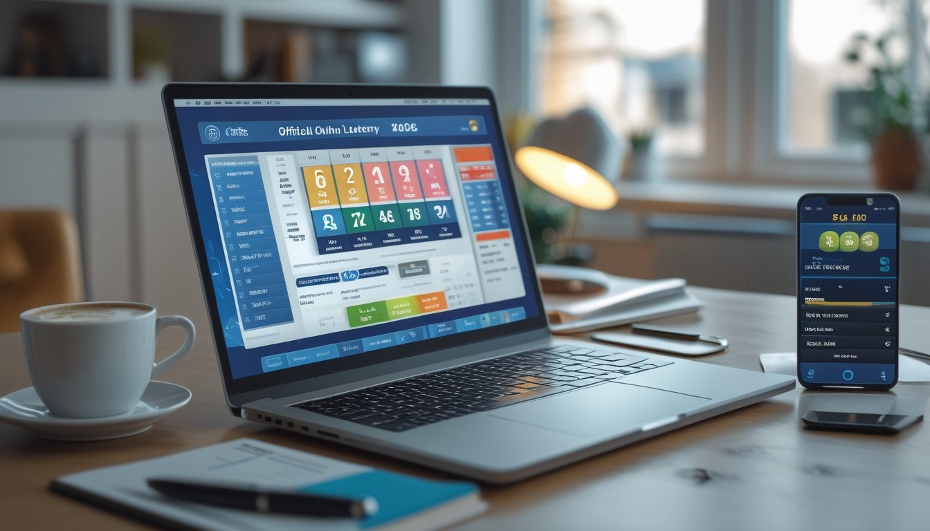 Seorang pengguna sedang bekerja dengan laptop di meja yang menampilkan situs togel online, dikelilingi oleh kopi, ponsel, dan buku catatan di ruang kerja yang terang.