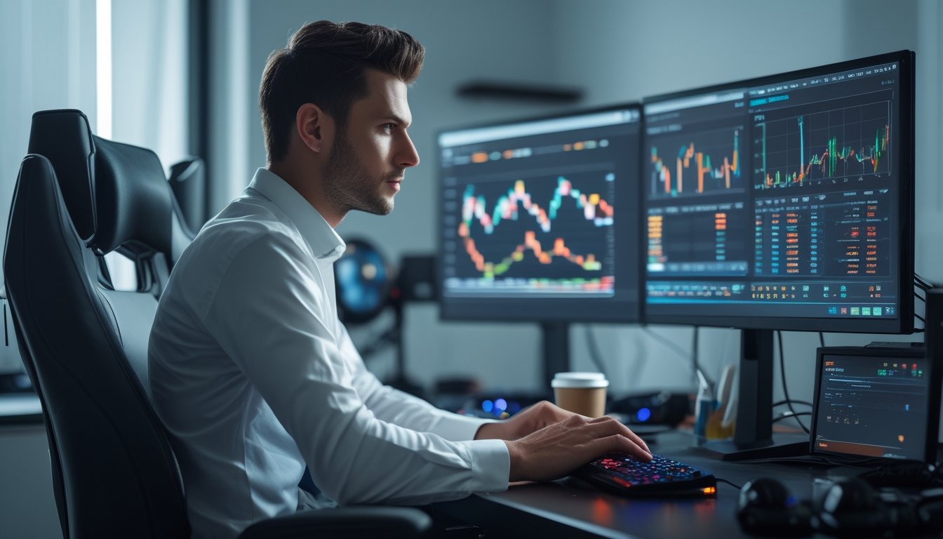Seorang pemain profesional duduk di depan beberapa monitor yang menampilkan grafik dan data RTP secara real-time dalam ruang kerja modern.