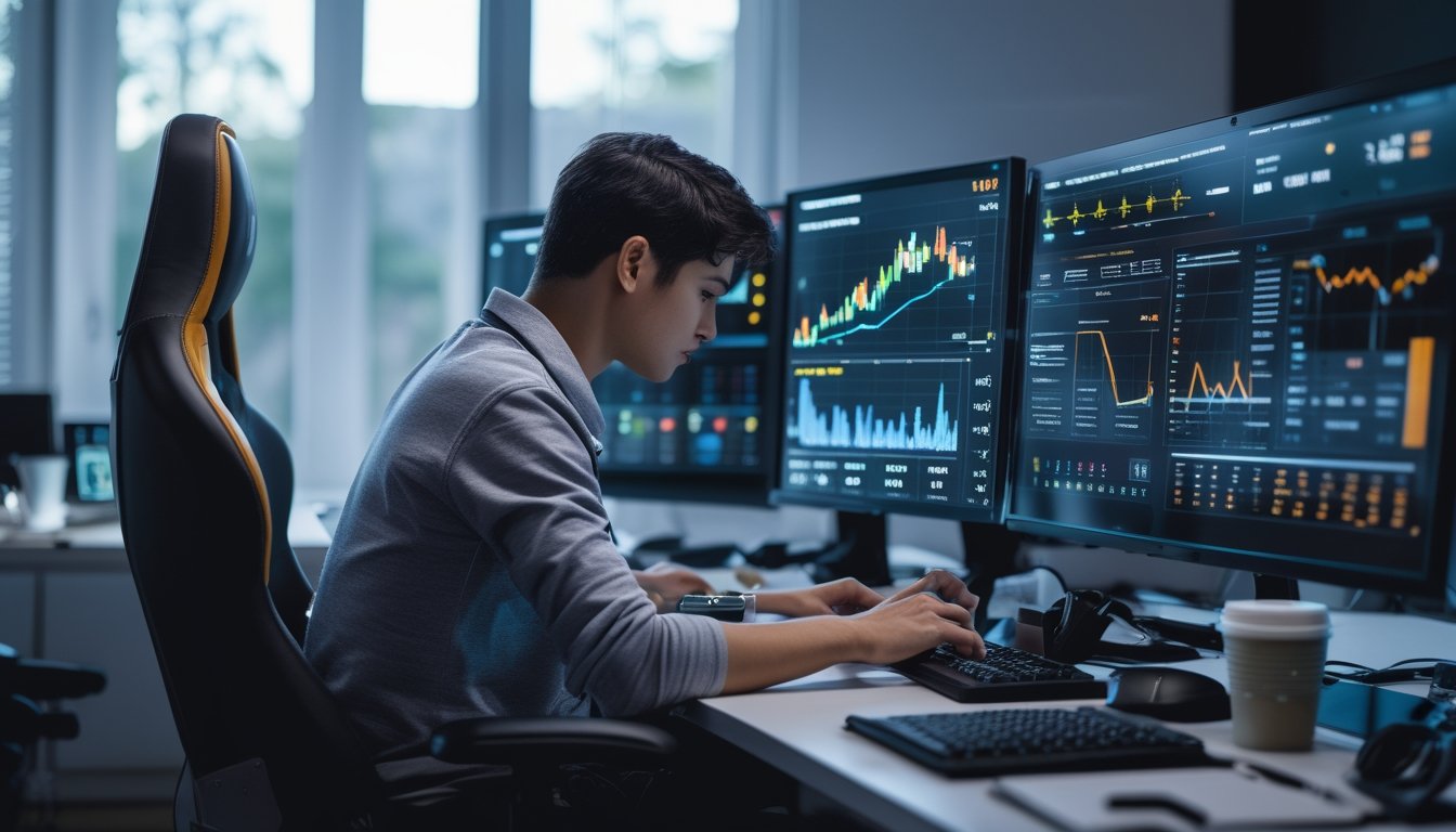 Seorang pemain profesional sedang memantau data RTP terkini pada beberapa layar digital di ruang kerja modern.