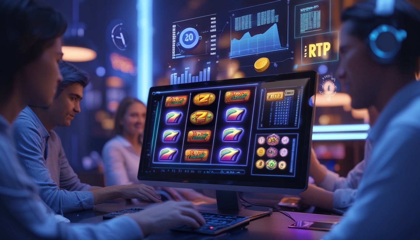 Orang-orang bermain mesin slot online dengan grafik warna-warni di layar komputer dan grafik statistik mengambang di latar belakang.