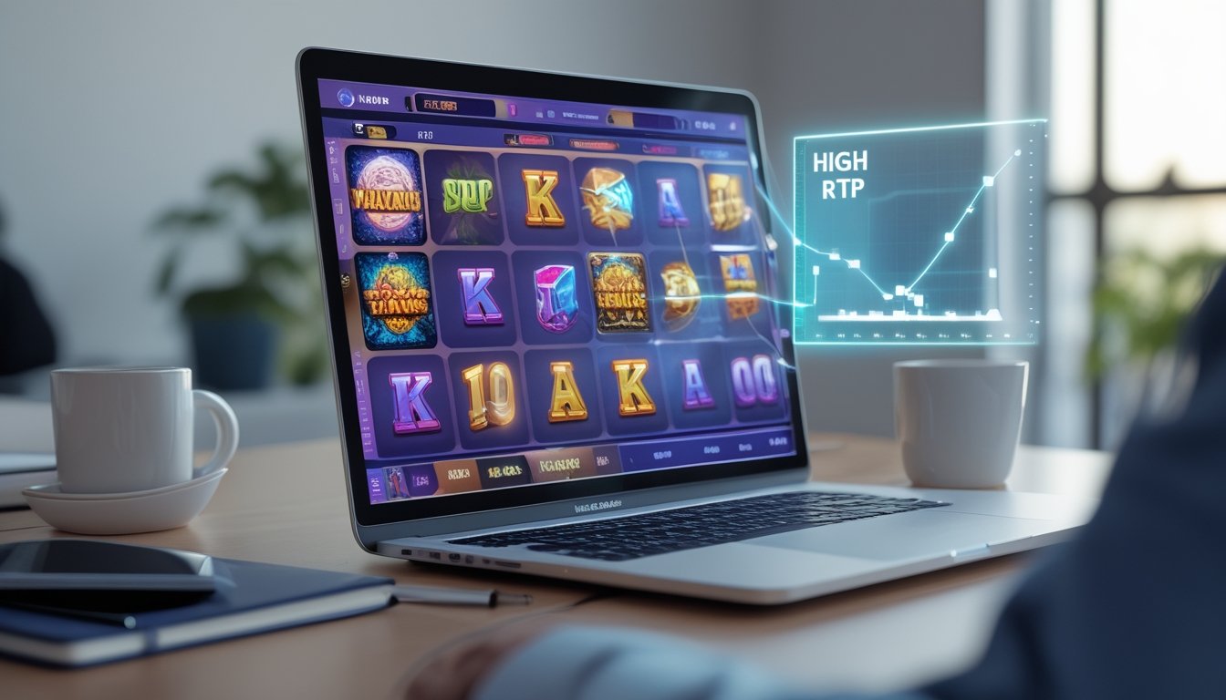 Seorang pengguna komputer melihat layar dengan permainan slot online dan grafik persentase RTP tinggi di meja kerja yang rapi.