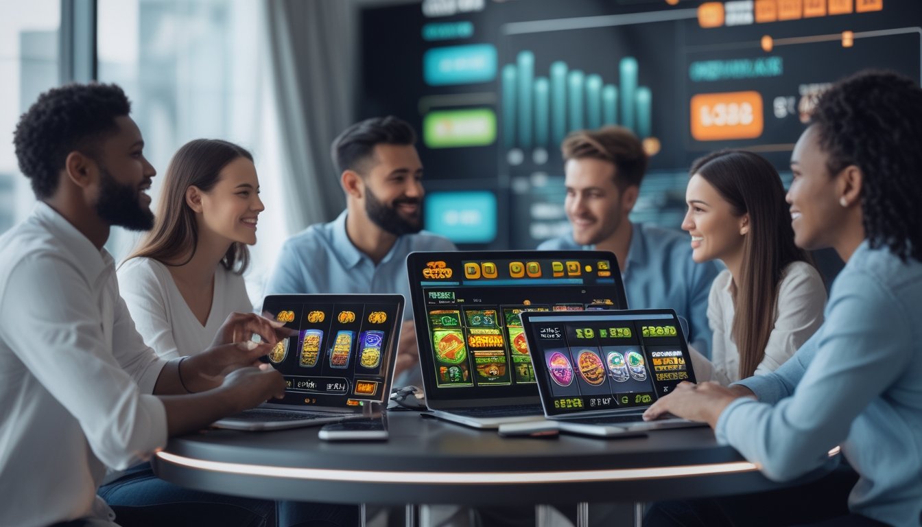 Beberapa orang sedang menggunakan perangkat digital untuk bermain dan memilih permainan slot online di sebuah ruangan yang terang dan modern.