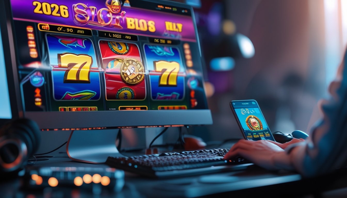 Seorang pemain sedang menggunakan komputer dengan layar menampilkan permainan slot yang berwarna-warni dan simbol kemenangan.