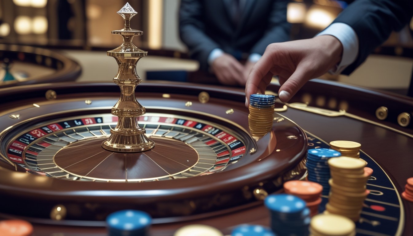 Meja roulette Prancis dengan roda roulette, tumpukan chip taruhan, dan tangan pemain yang sedang meletakkan chip.