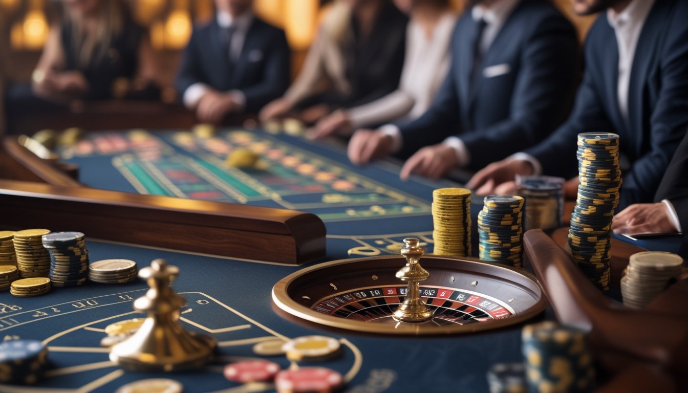 Meja roulette Prancis dengan roda roulette dan chip taruhan di kasino mewah, dikelilingi oleh pemain yang fokus memperhatikan permainan.