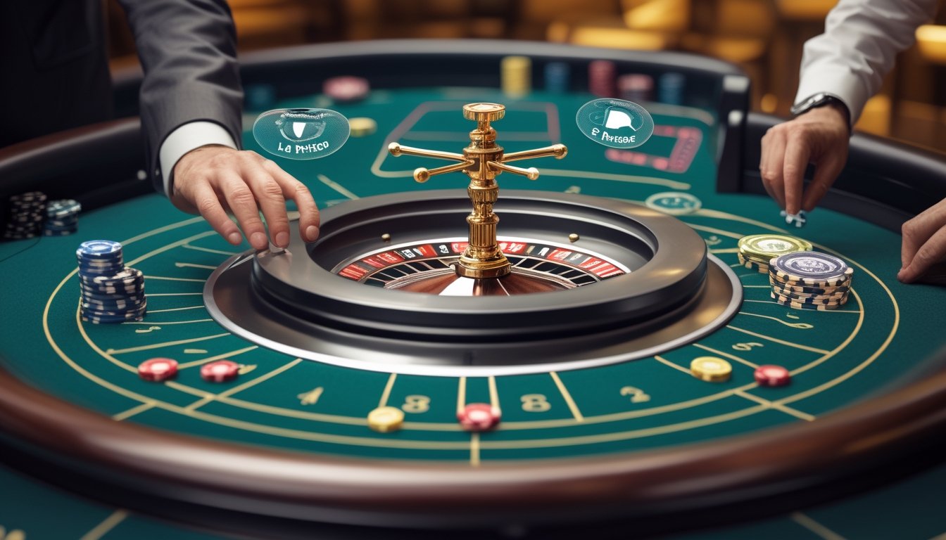 Meja roulette dengan roda berputar dan chip diletakkan di area taruhan, menggambarkan aturan La Partage dan En Prison dalam roulette Prancis online.