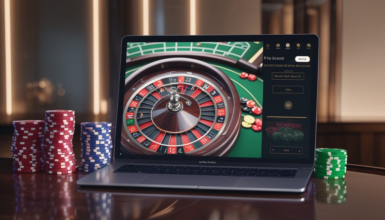 Layar laptop menampilkan permainan roulette Prancis online dengan roda roulette berputar dan tumpukan chip taruhan di atas meja kayu yang mengkilap.