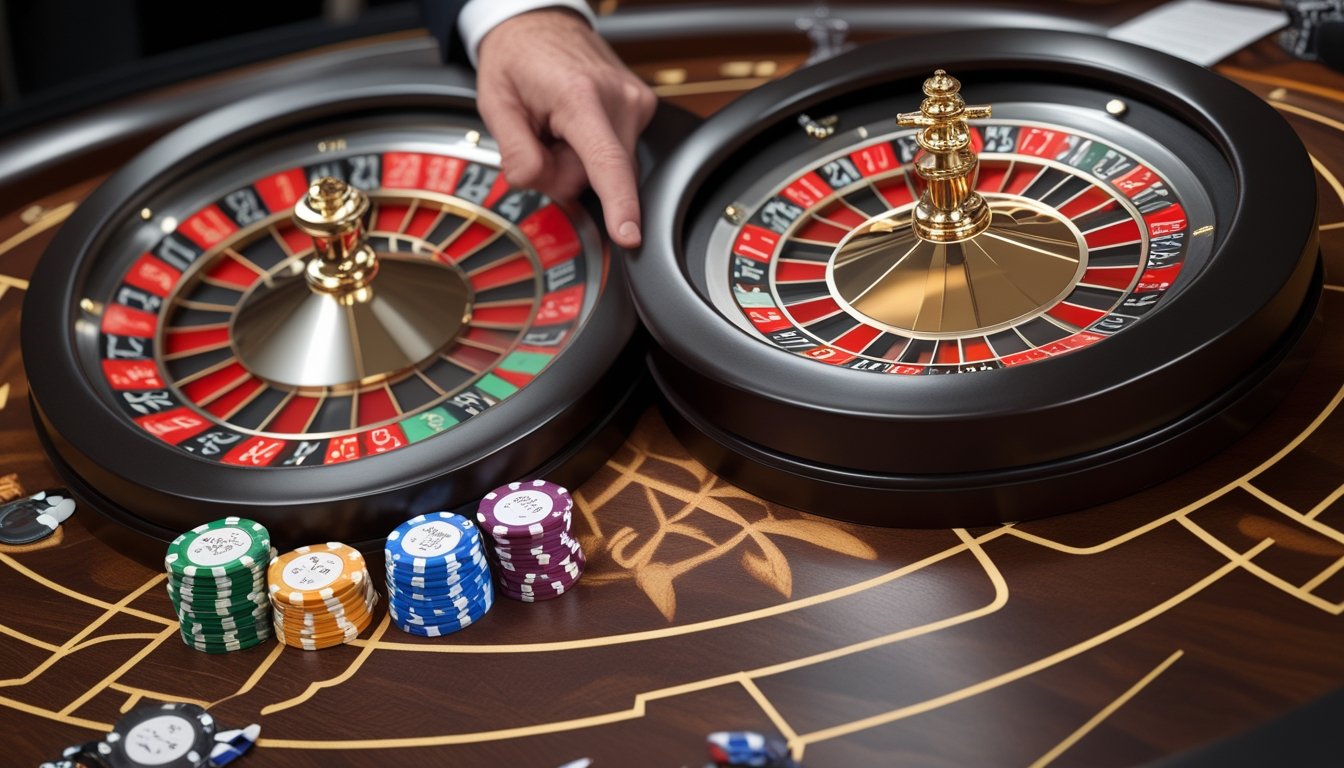 Perbandingan dekat roulette Prancis dan Amerika di atas meja kasino dengan beberapa chip dan tangan yang menunjuk ke roda roulette Prancis.