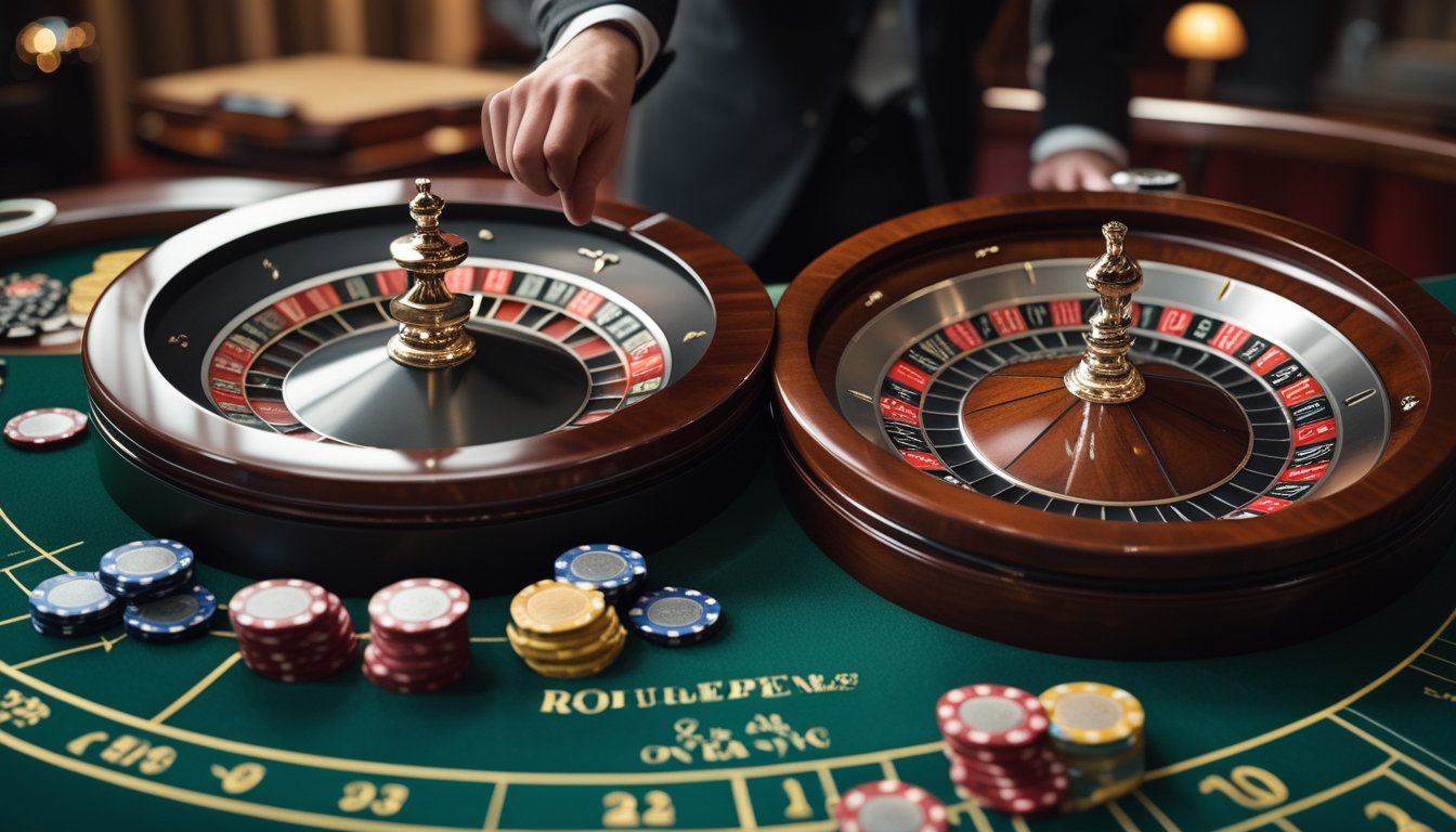 Pandangan dekat dua roda roulette, satu versi Prancis dan satu versi Amerika, di atas meja kasino dengan dealer chip dan tangan.