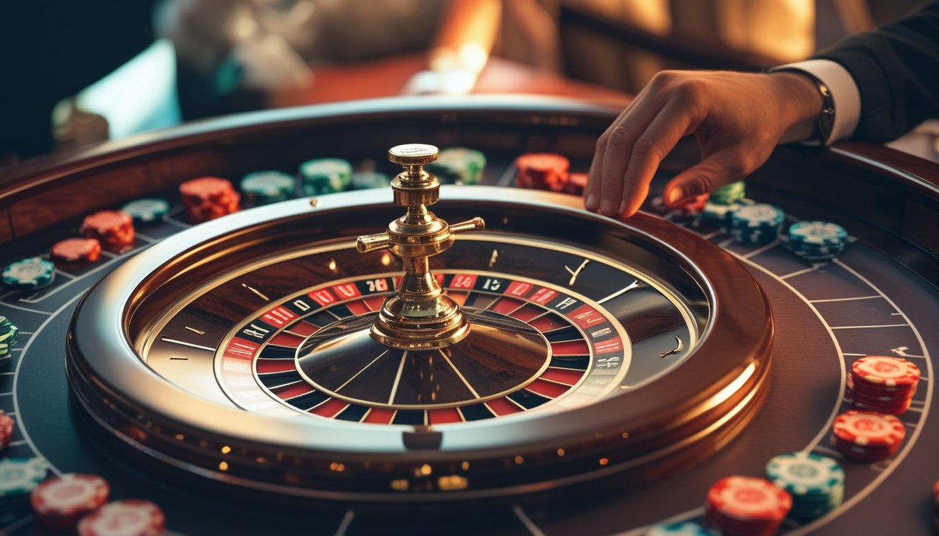 Meja roulette Prancis dengan roda roulette, chip taruhan, dan tangan dealer siap memutar roda di dalam kasino.