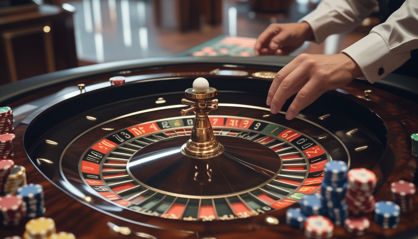 Meja roulette Prancis dengan roda roulette dan chip taruhan di kasino yang mewah.
