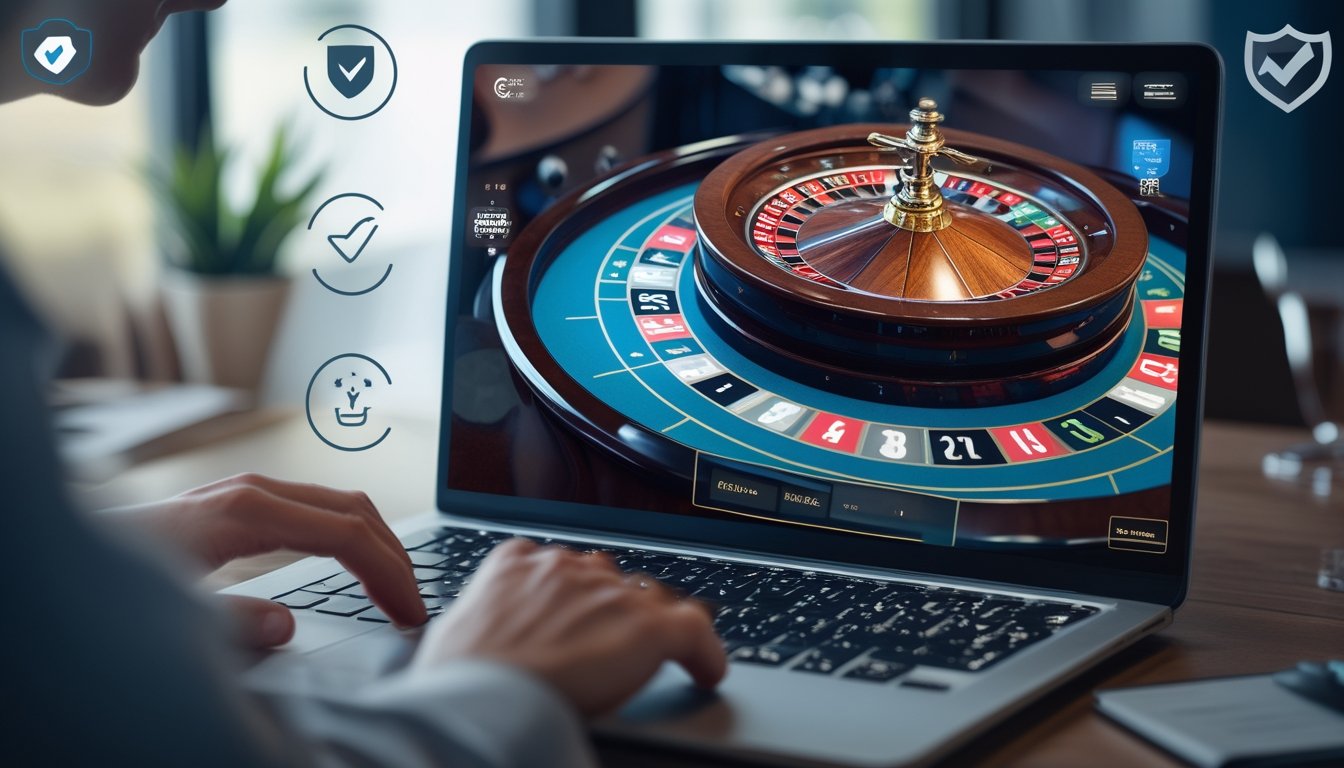 Sebuah layar komputer menampilkan meja French Roulette dengan roda yang berputar dalam suasana modern dan profesional.
