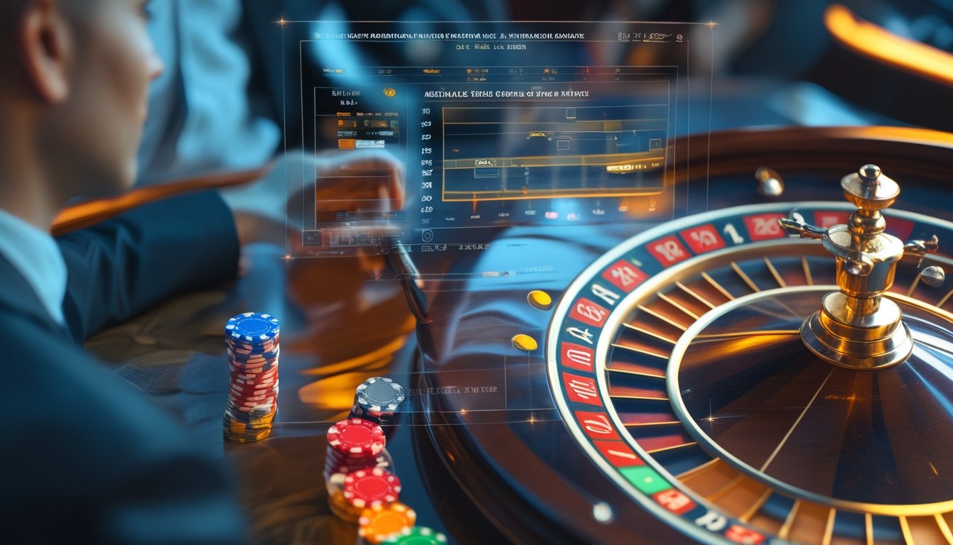 Seseorang sedang menganalisis peluang menang di meja roulette Prancis dengan roda roulette, chip taruhan, dan catatan strategi taruhan.