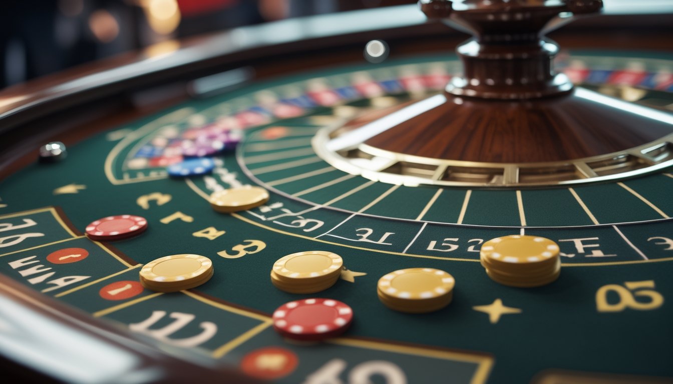 Meja permainan French Roulette dengan roda roulette, tata letak taruhan, dan beberapa chip warna-warni yang Ditempatkan di atas meja.