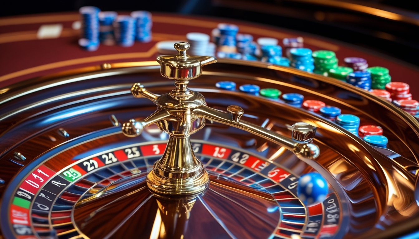 Meja roulette Prancis dengan roda roulette dan chip taruhan berwarna-warni di kasino.