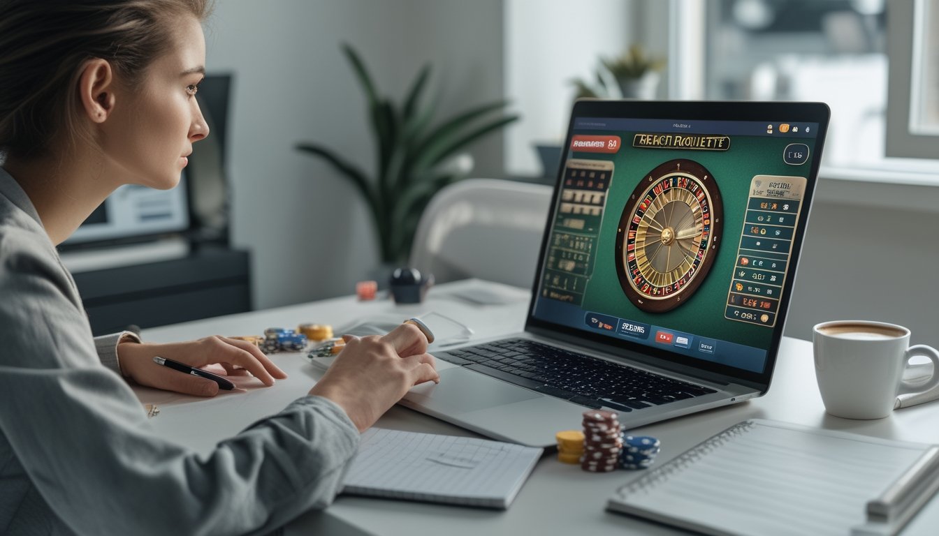 Seseorang sedang duduk di meja dengan laptop yang menampilkan permainan French Roulette online, sambil mencatat dan fokus mengelola uang taruhan.