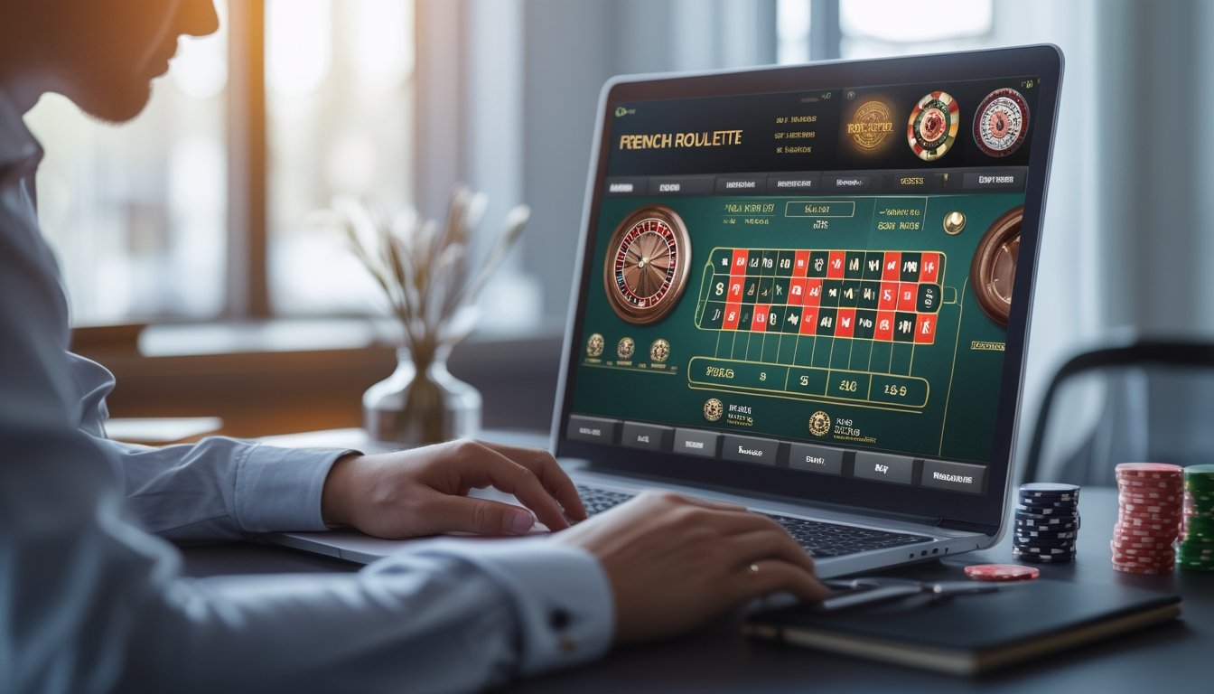 Seseorang sedang mengelola bankroll dengan serius sambil bermain roulette Prancis secara online di depan laptop.