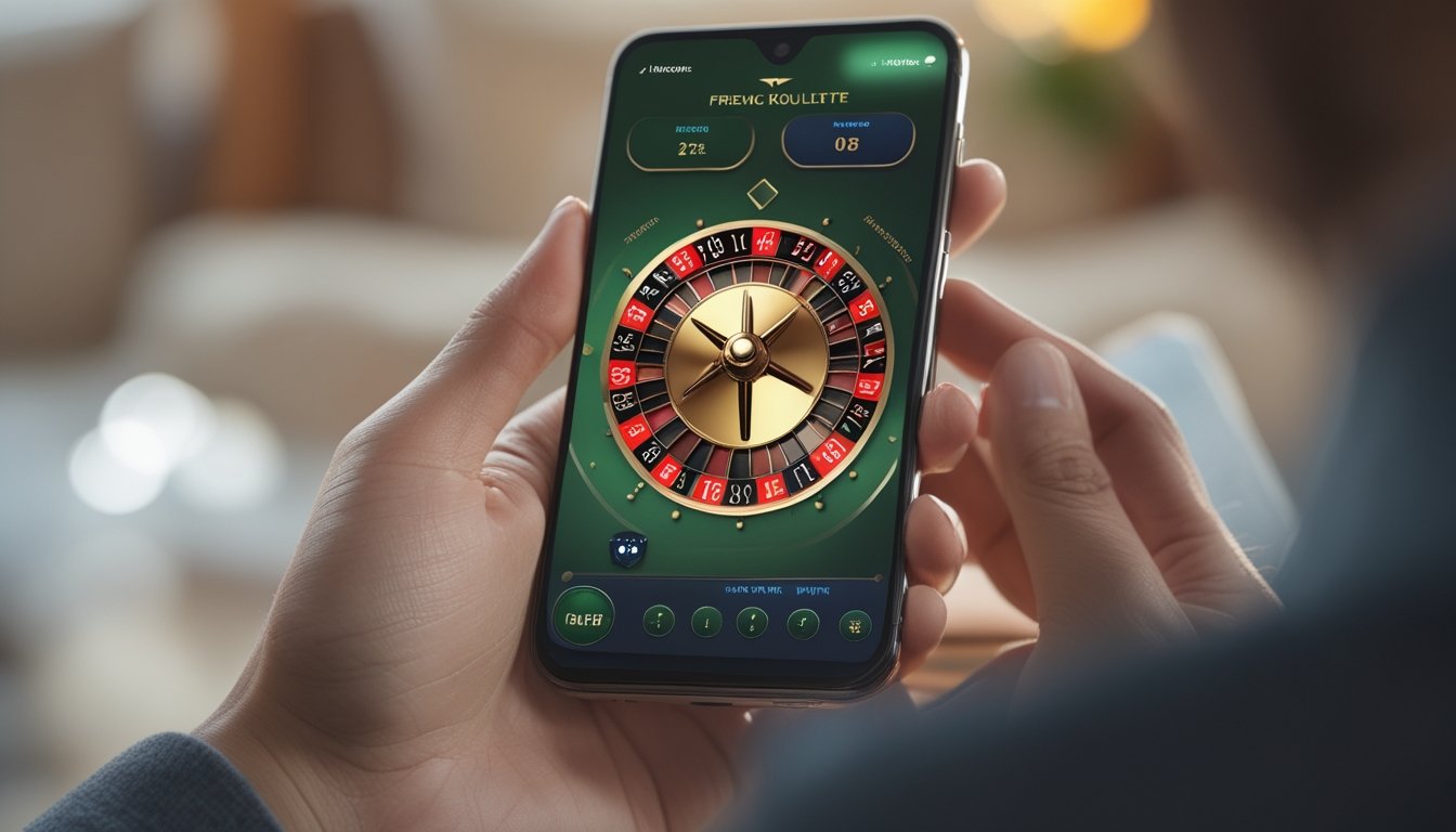 Seseorang memegang ponsel yang menampilkan permainan roulette Prancis dengan roda roulette dan bola putih yang sedang bergerak.