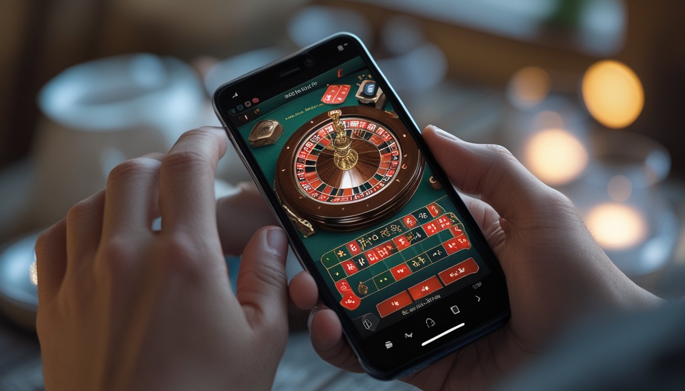 Seorang pengguna memegang ponsel dengan tampilan permainan French Roulette di layar dalam suasana dalam ruangan yang nyaman.