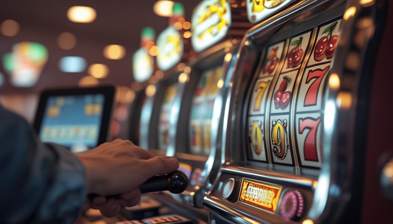 Seorang pemain sedang bermain mesin slot klasik dengan simbol warna-warni di kasino yang terang dan hangat.