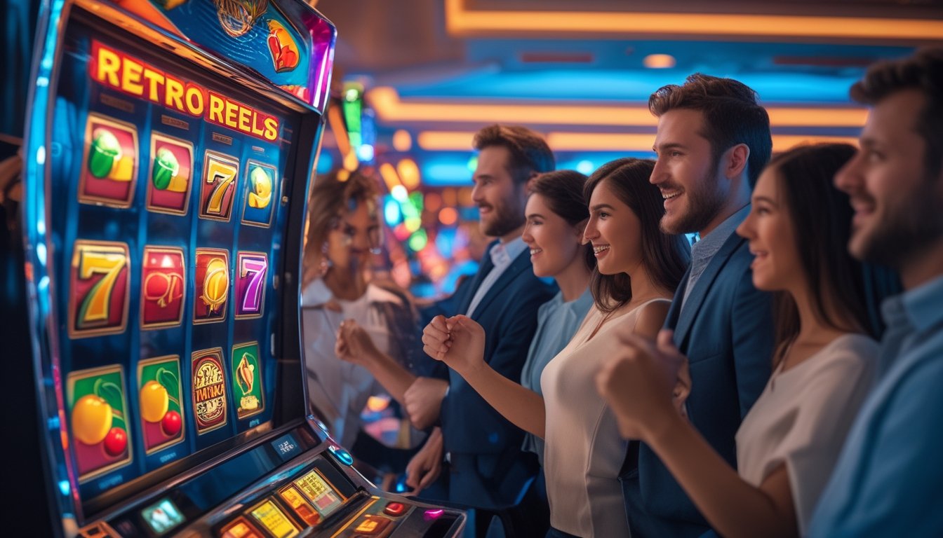 Orang-orang sedang bermain mesin slot Retro Reels di kasino dengan ekspresi antusias dan fokus.