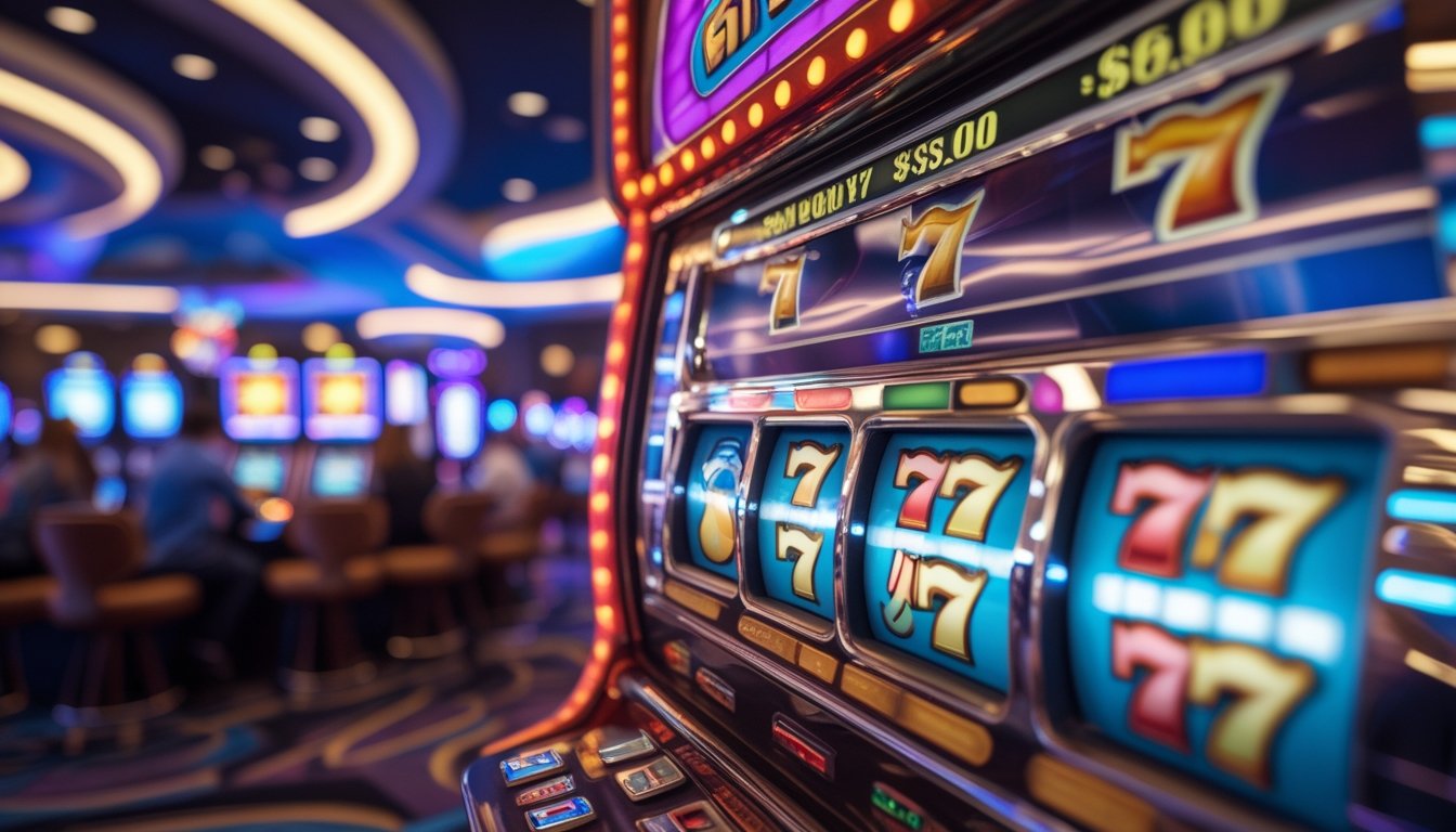 Mesin slot dengan tema gulungan retro di dalam kasino yang ramai dan modern.