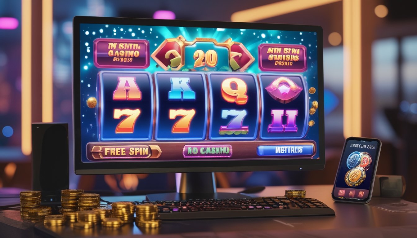 Meja komputer dengan layar menampilkan permainan slot online bergaya retro, dikelilingi chip poker dan koin emas.