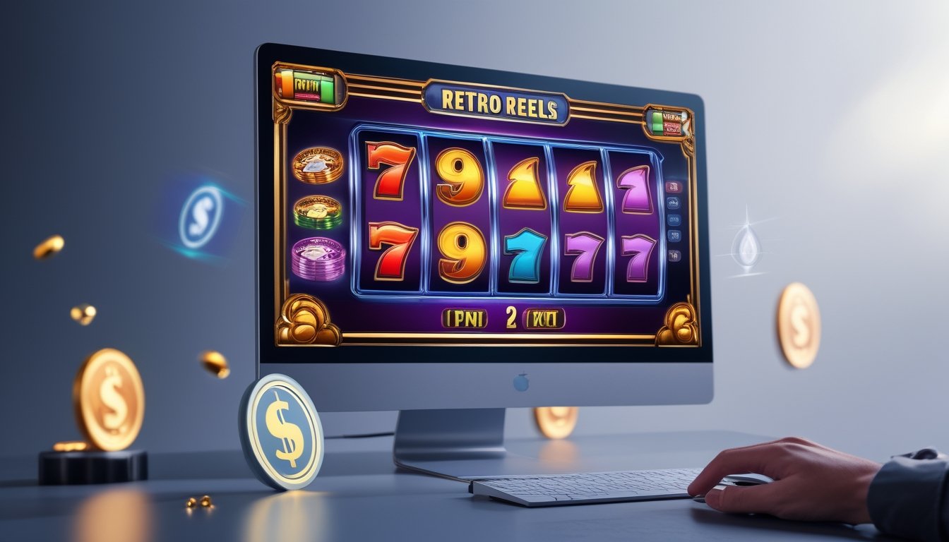 Seorang pengguna bermain mesin slot retro di komputer dengan simbol buah dan koin di layar.