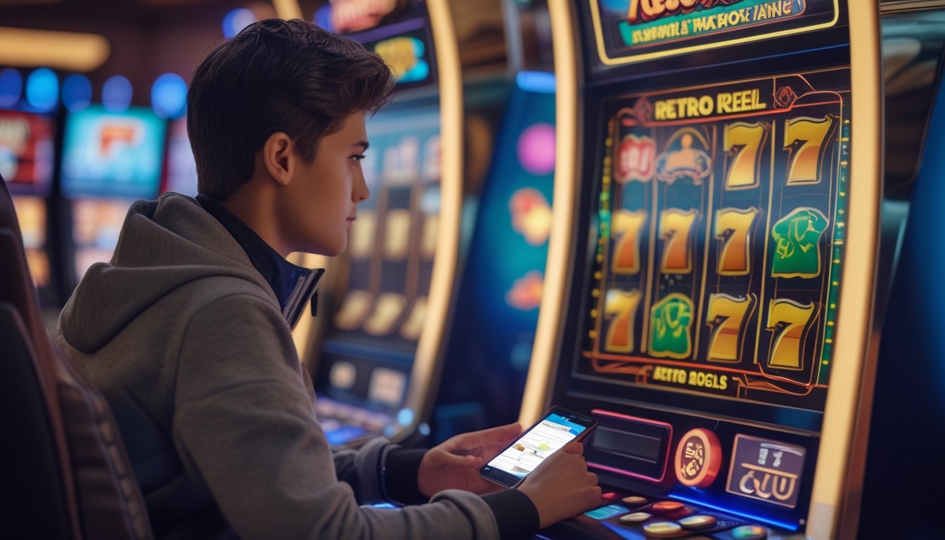 Seorang pemain muda sedang bermain mesin slot bergaya retro sambil mengelola modal dengan fokus di dalam kasino.