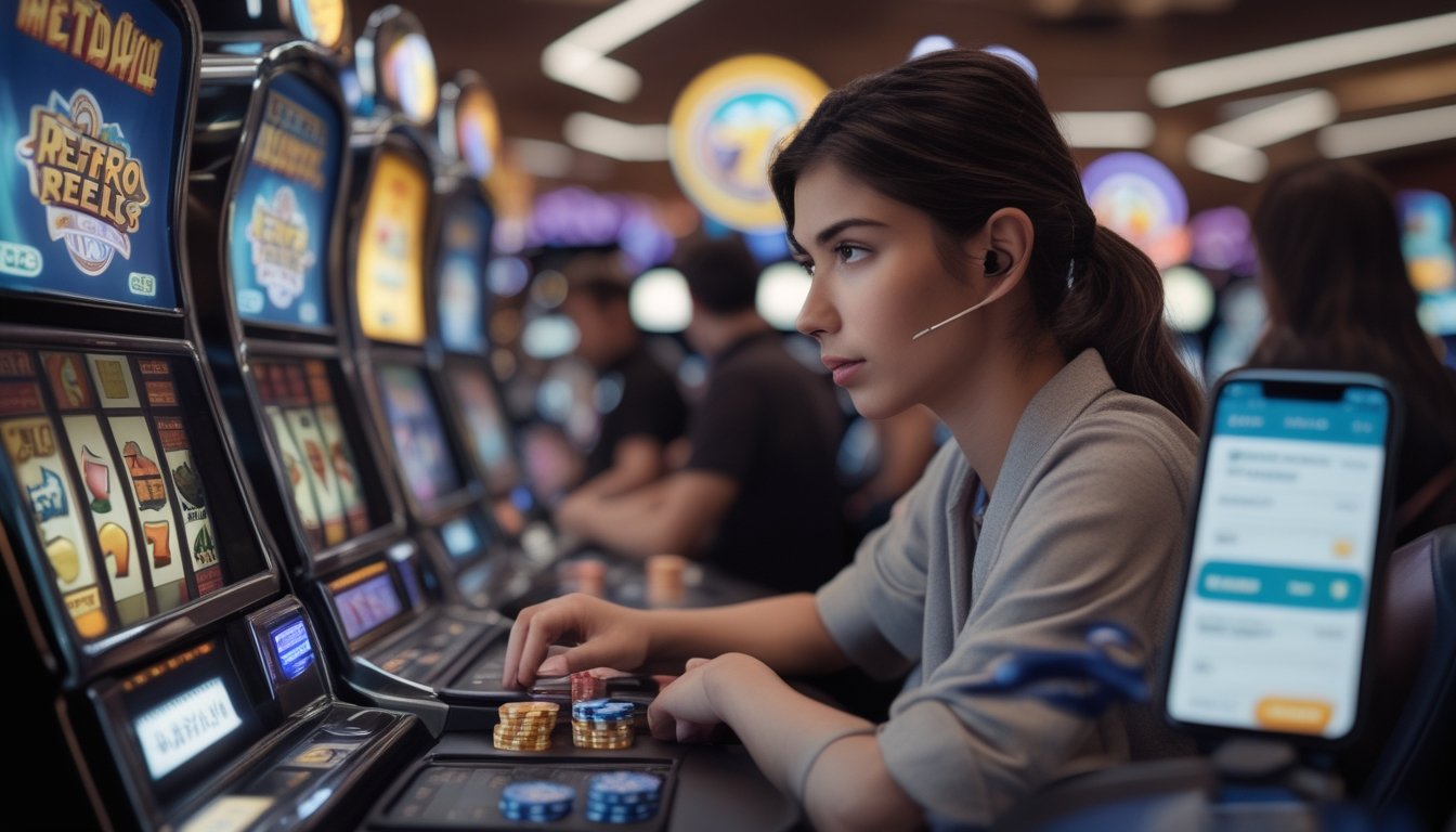 Seorang pemain muda sedang mengelola modal bermain pada mesin slot Retro Reels di dalam kasino.