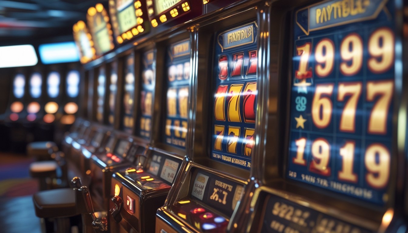 Mesin slot retro dengan simbol klasik dan tabel pembayaran yang jelas ditampilkan di sampingnya.