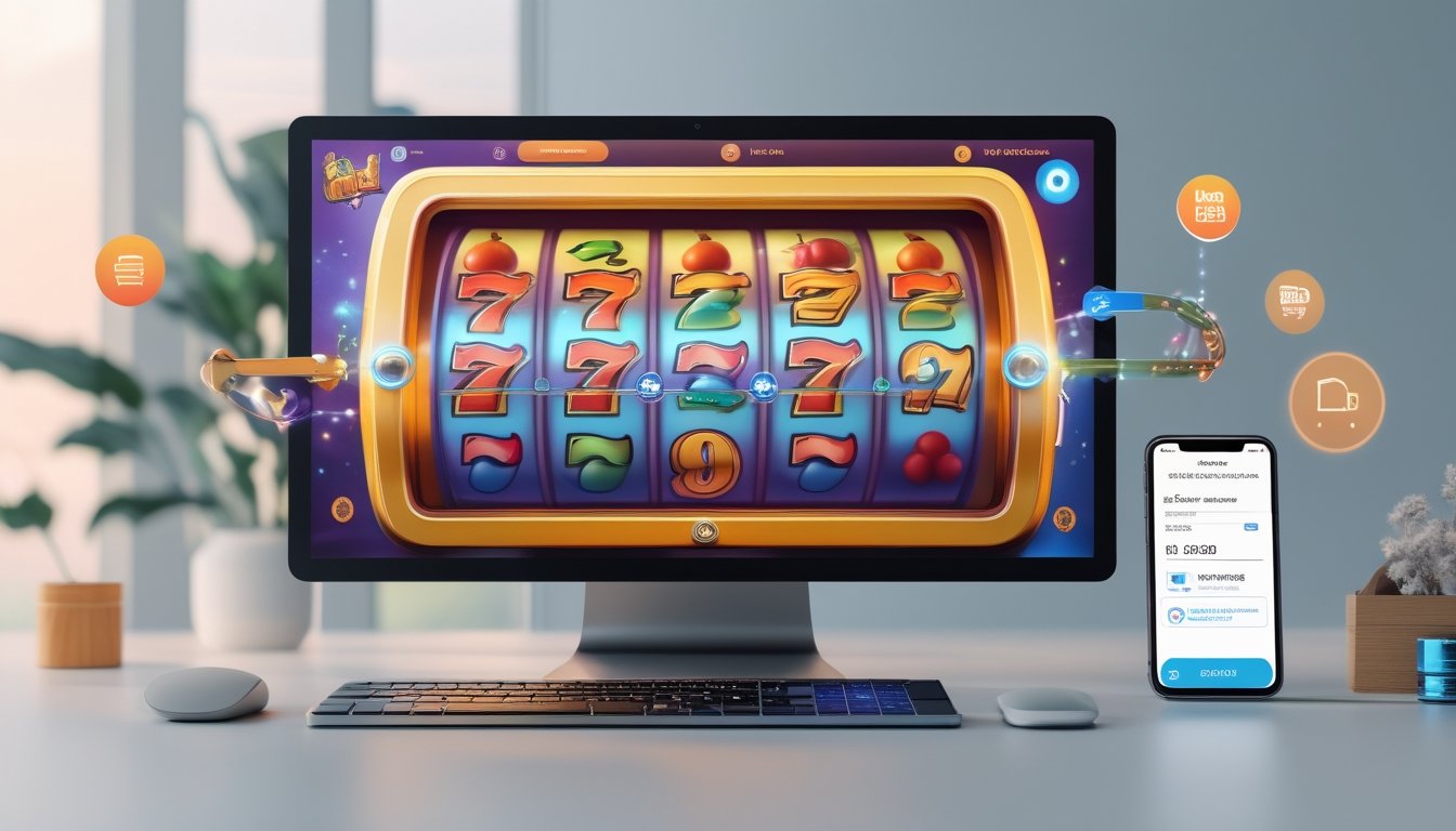 Layar komputer menampilkan permainan slot retro dengan simbol klasik, dikelilingi ikon pembayaran digital dan ponsel yang menunjukkan konfirmasi deposit tanpa potongan.