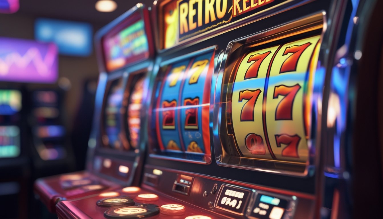 Mesin slot bergaya retro dengan gulungan berwarna-warni yang berputar, menampilkan simbol klasik seperti ceri dan angka tujuh, dengan latar belakang lampu yang lembut dan elemen grafik samar.