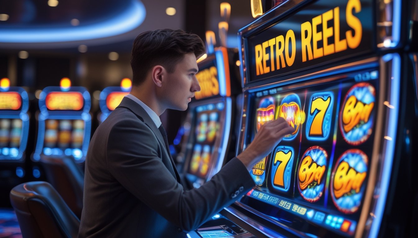 Seorang individu sedang mengamati pola pada mesin slot bergaya retro di dalam kasino modern.