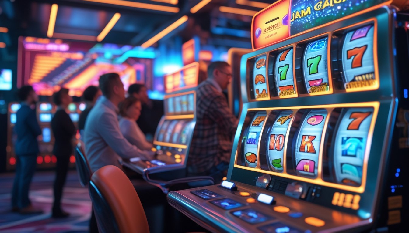 Orang-orang mengamati mesin slot Retro Reels yang berputar dengan lampu neon dan pola digital di kasino.